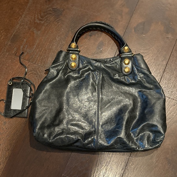 Black Leather Women's Vintage Balenciaga Motocross Giant Gold Hardware Hobo Bag - Picture 2 of 3